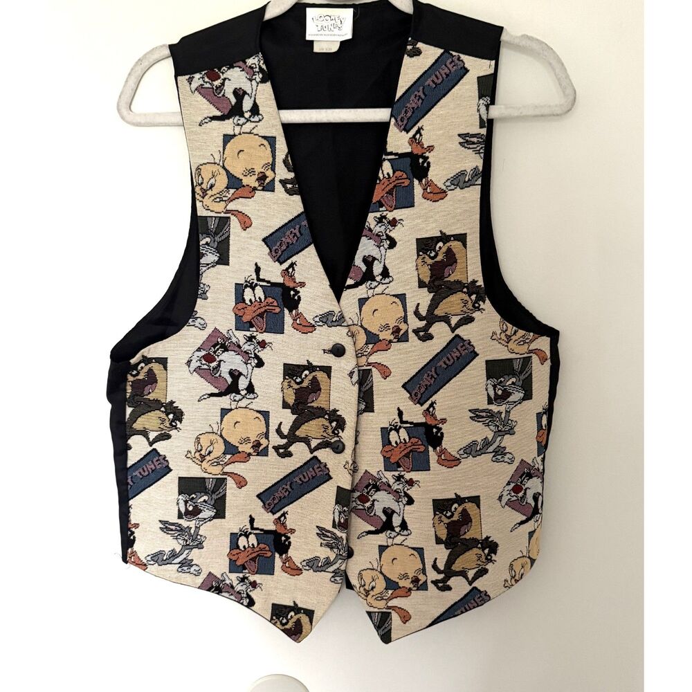 VTG 1994 Looney Tunes Tweety Daffy Duck Tapestry Vest Retro Cartoon Sz O/S